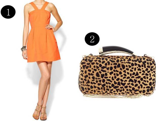 Shoshanna-Orange-Dress-Leopard-Clutch